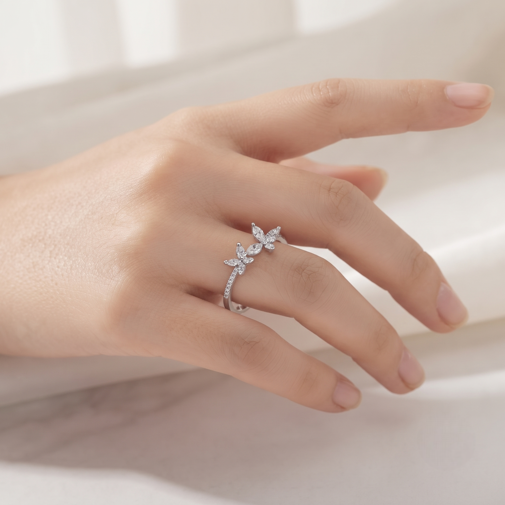 925 Sterling Silver Butterfly Marquise CZ Ring for Women on Black Stone Display