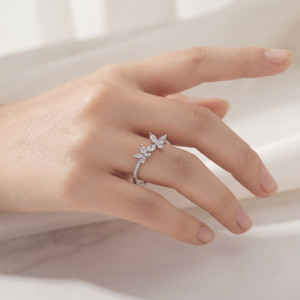 925 Sterling Silver Butterfly Marquise CZ Ring for Women on Black Stone Display