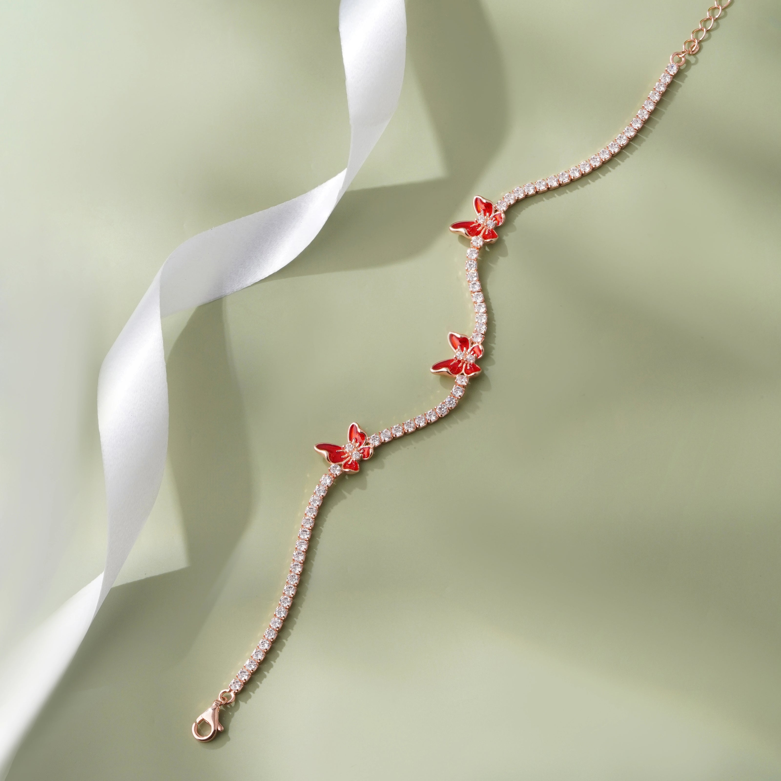 Red Butterfly Tennis Diamond Adjustable Bracelet for Women