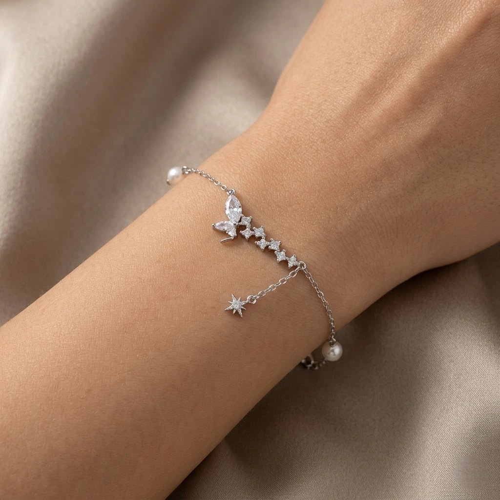Butterfly Star Pearl 925 Sterling Silver Bracelet for Women