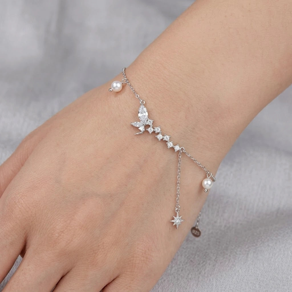 Butterfly Star Pearl 925 Sterling Silver Bracelet for Women