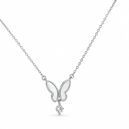 925 Sterling Silver Butterfly Necklace for Women with White Mother of Pearl Wings and Round Cubic Zirconia Drop Pendant