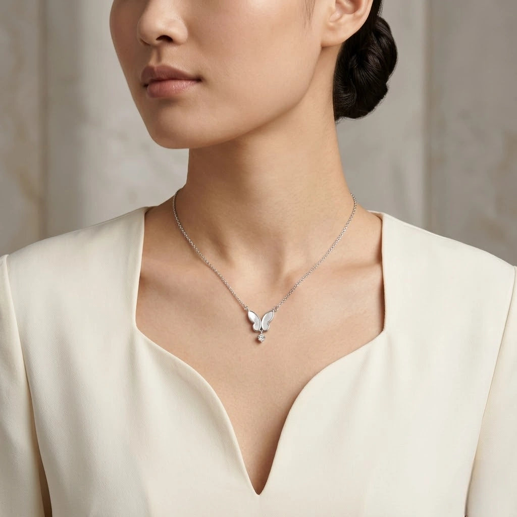925 Sterling Silver Butterfly Necklace for Women with White Mother of Pearl Wings and Round Cubic Zirconia Drop Pendant
