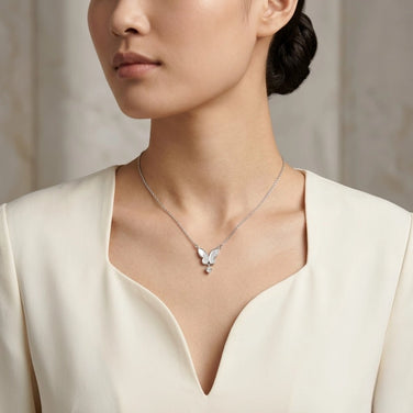 925 Sterling Silver Butterfly Necklace for Women with White Mother of Pearl Wings and Round Cubic Zirconia Drop Pendant