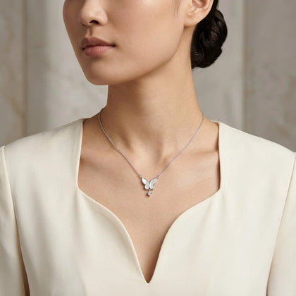 925 Sterling Silver Butterfly Necklace for Women with White Mother of Pearl Wings and Round Cubic Zirconia Drop Pendant