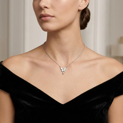 925 Sterling Silver Butterfly Necklace for Women with White Mother of Pearl Wings and Round Cubic Zirconia Drop Pendant