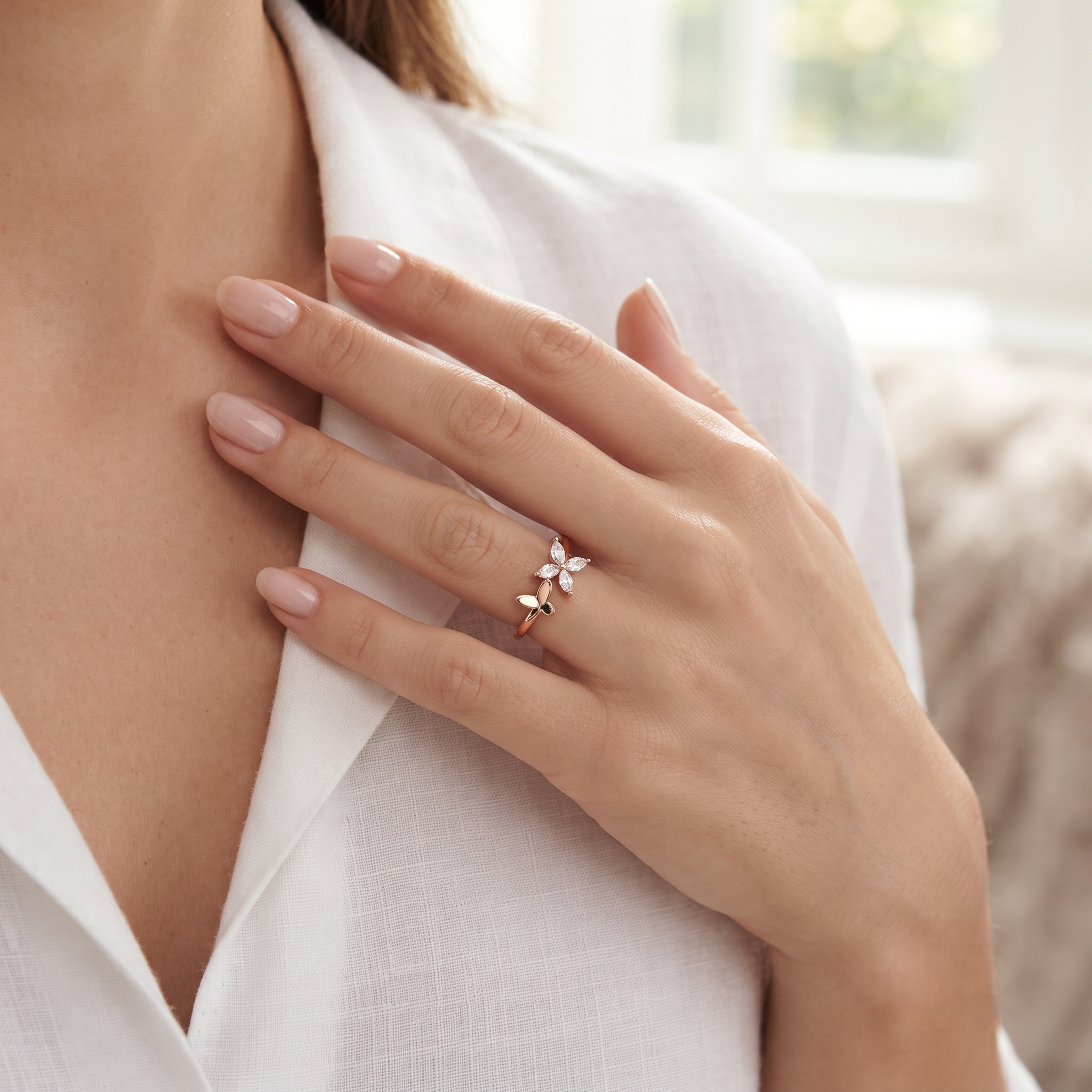 925 Sterling Silver Rose Gold Butterfly Open CZ Ring