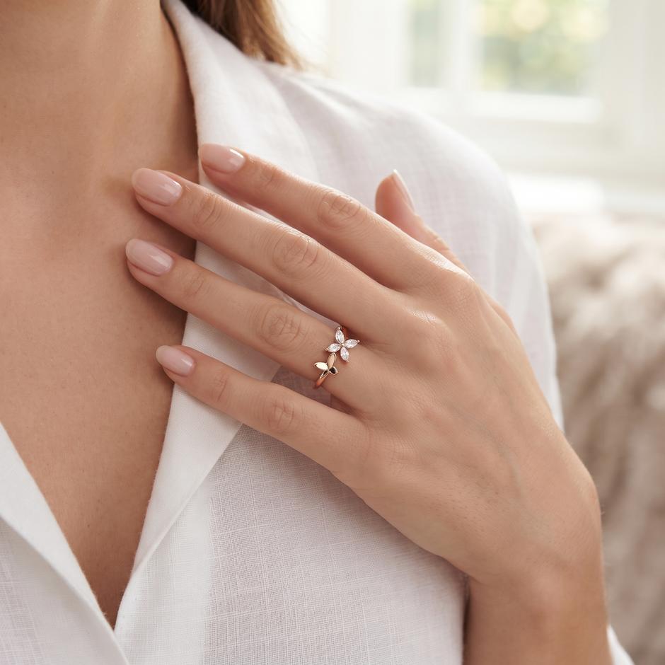 925 Sterling Silver Rose Gold Butterfly Open CZ Ring