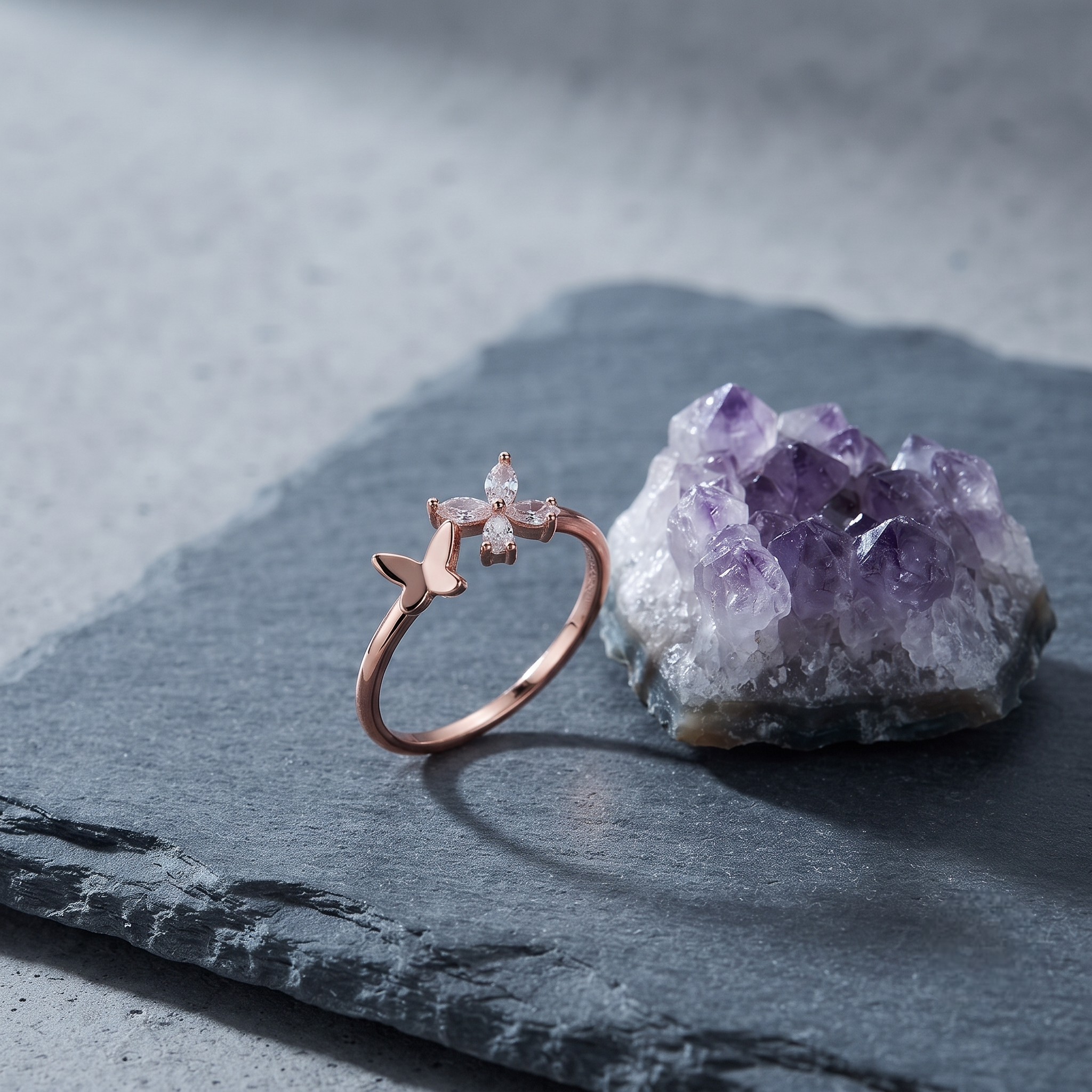925 Sterling Silver Rose Gold Butterfly Open CZ Ring