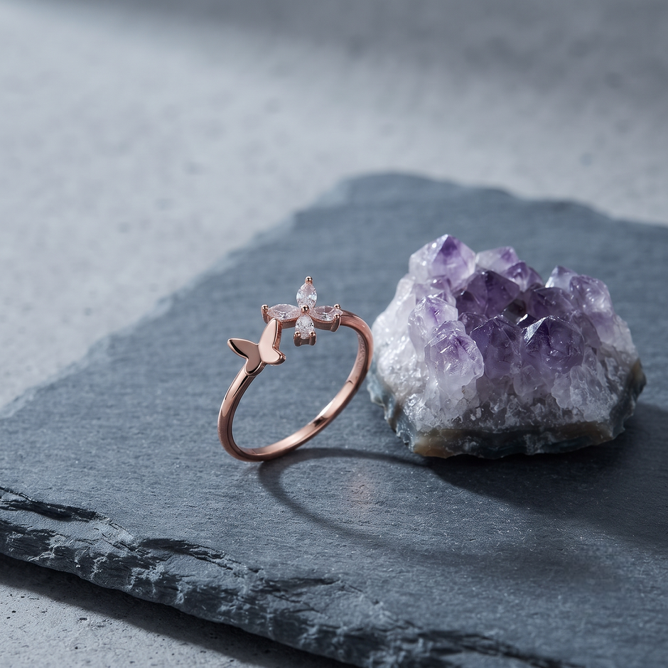 925 Sterling Silver Rose Gold Butterfly Open CZ Ring