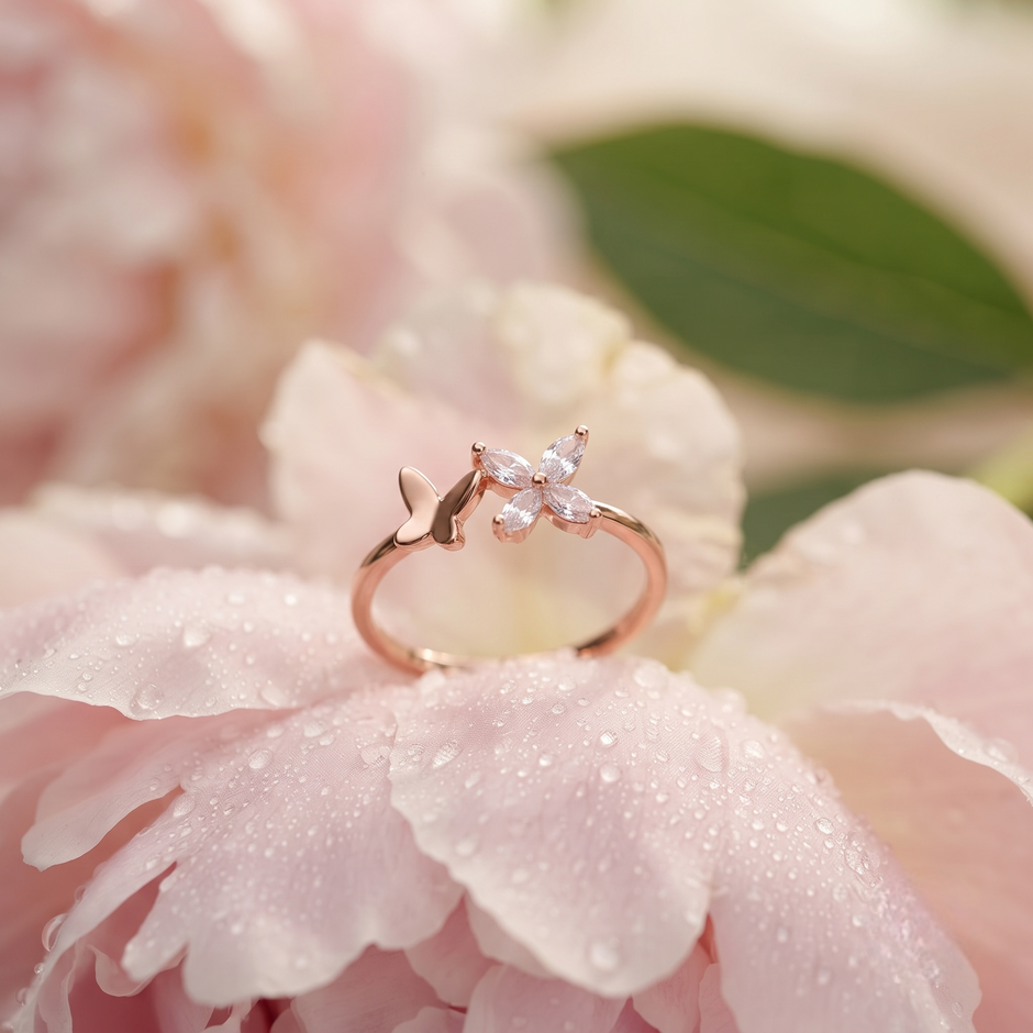 925 Sterling Silver Rose Gold Butterfly Open CZ Ring