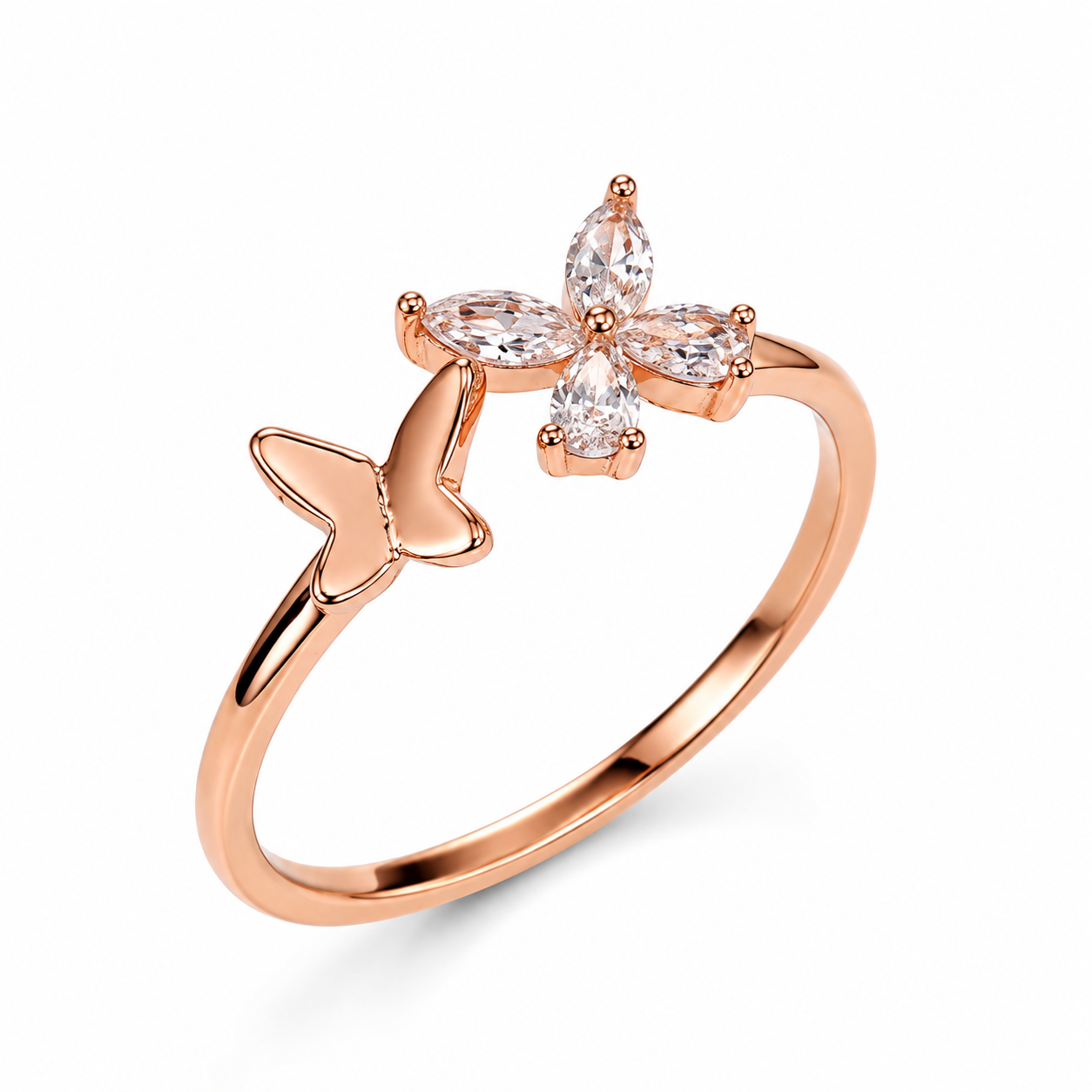 925 Sterling Silver Rose Gold Butterfly Open CZ Ring