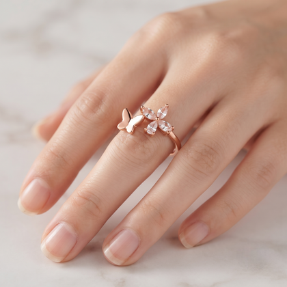 925 Sterling Silver Rose Gold Butterfly Open CZ Ring