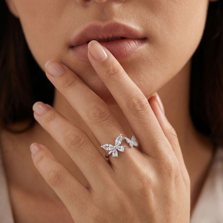 Butterfly & Floral Open Ring – 925 Sterling Silver Ring for Women