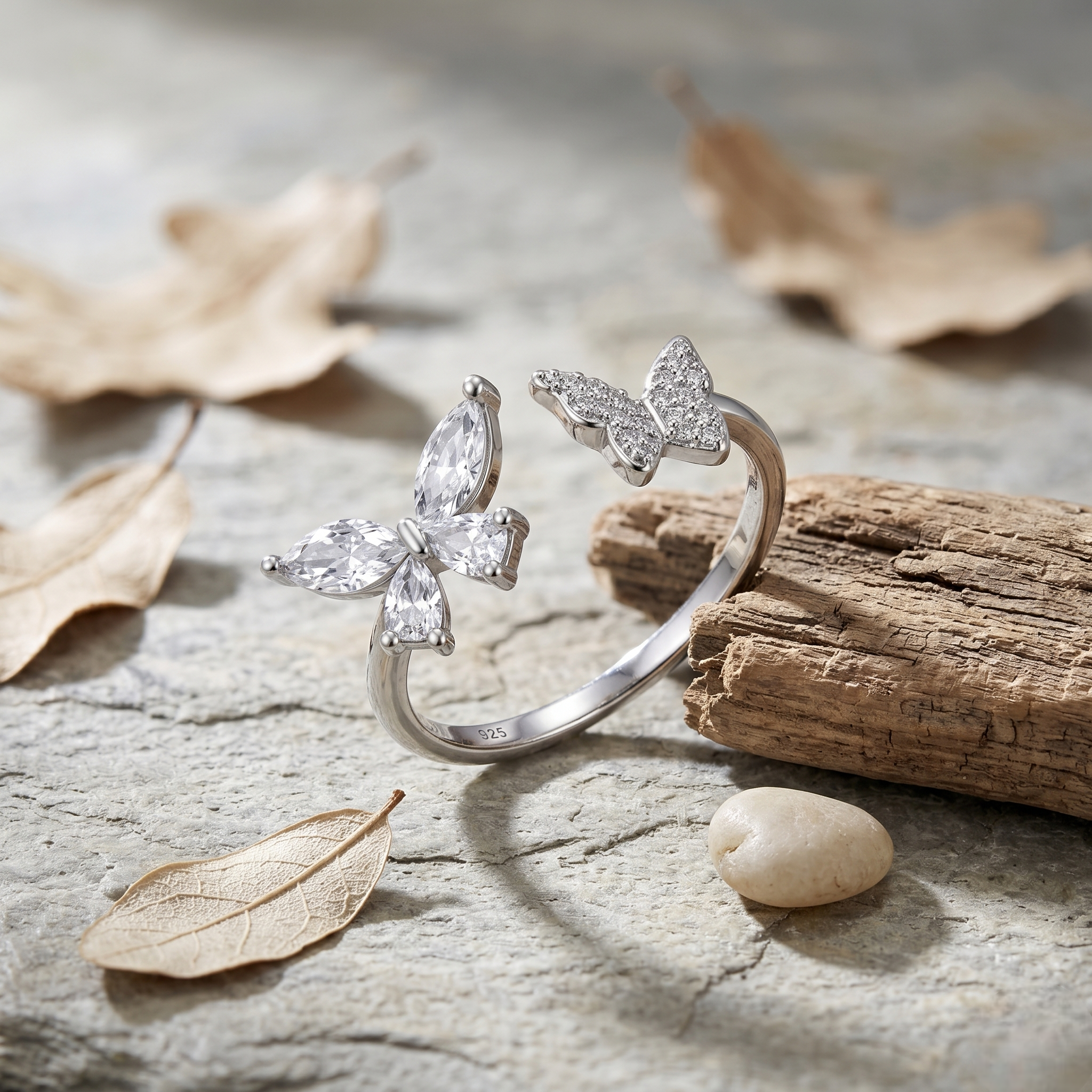 Butterfly & Floral Open Ring – 925 Sterling Silver Ring for Women
