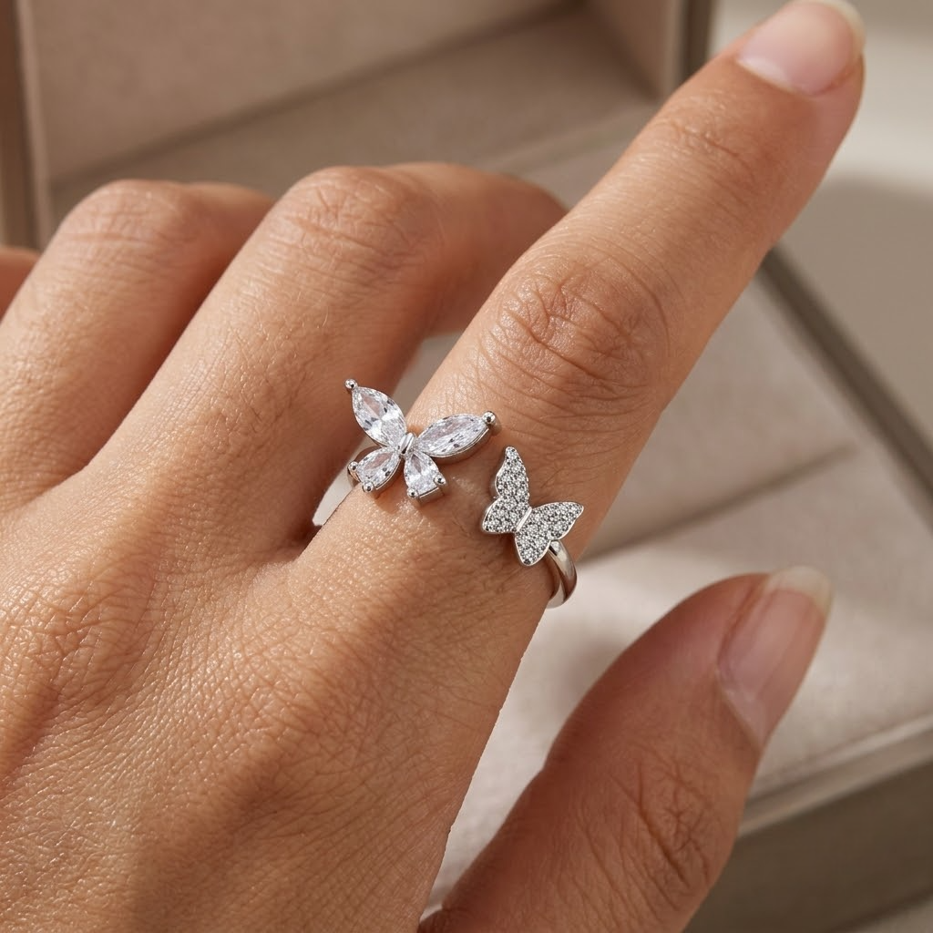 Butterfly & Floral Open Ring – 925 Sterling Silver Ring for Women