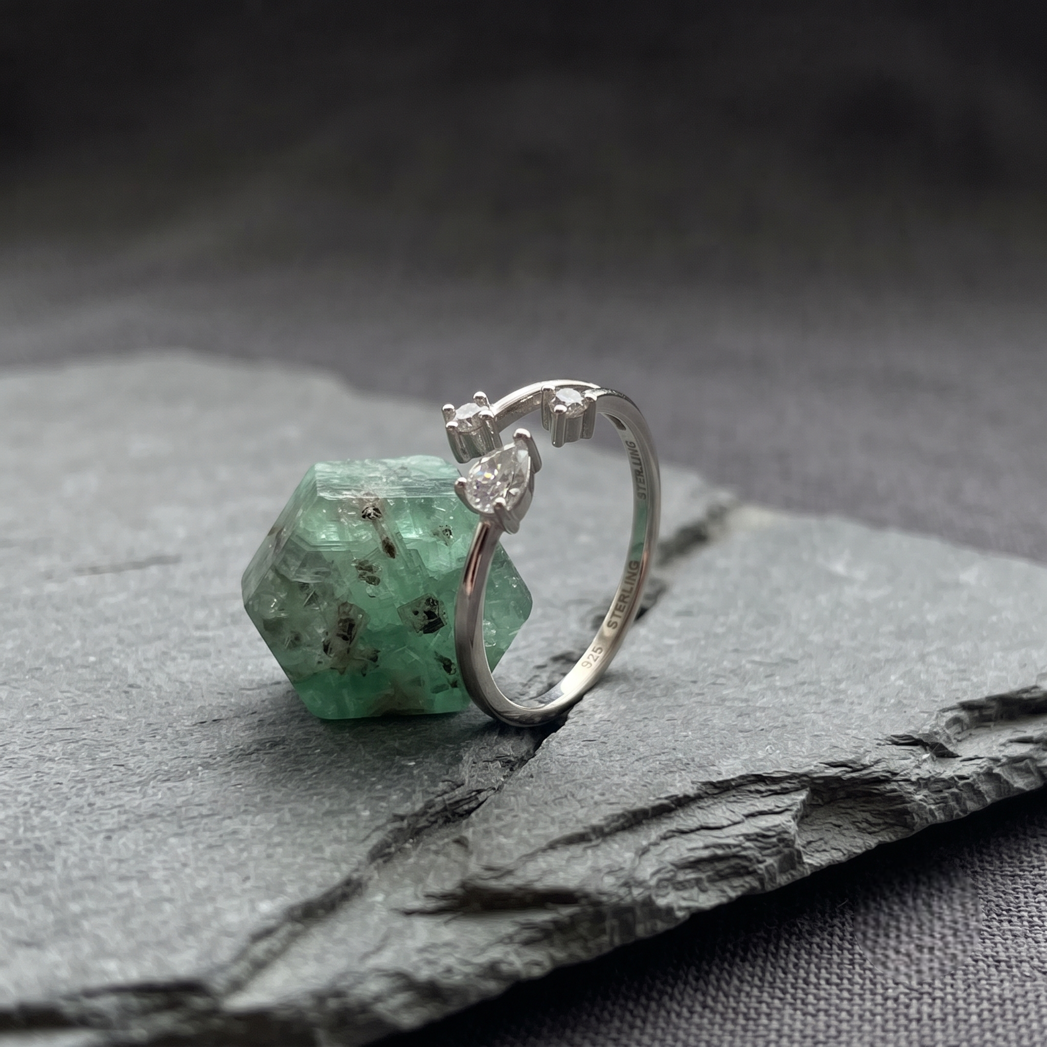 925 Sterling Silver Open CZ Ring on Gray Stone