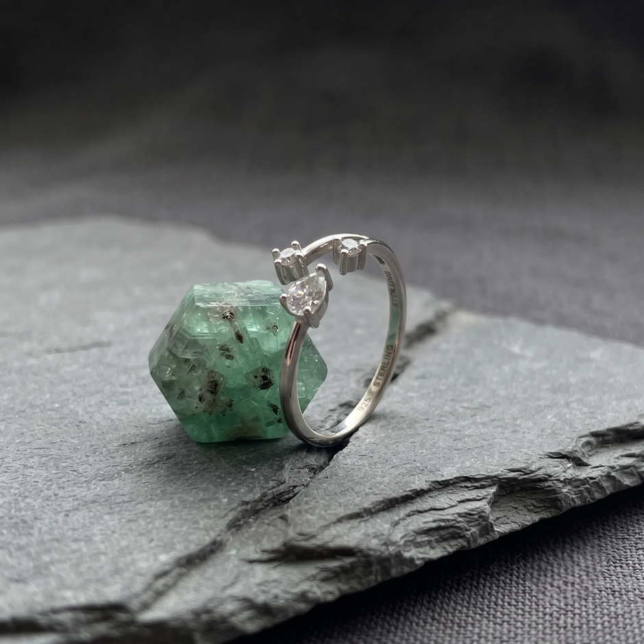 925 Sterling Silver Open CZ Ring on Gray Stone