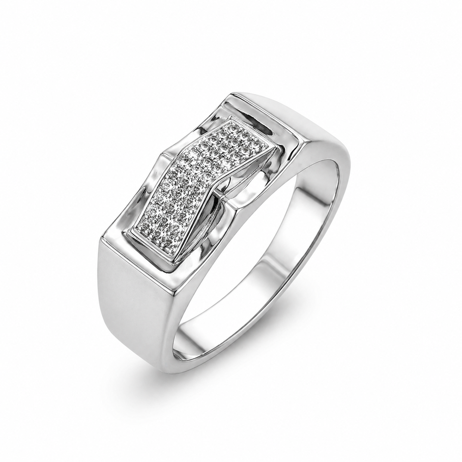 Curved CZ Design 925 Sterling Silver Men's Modern Statement Ring