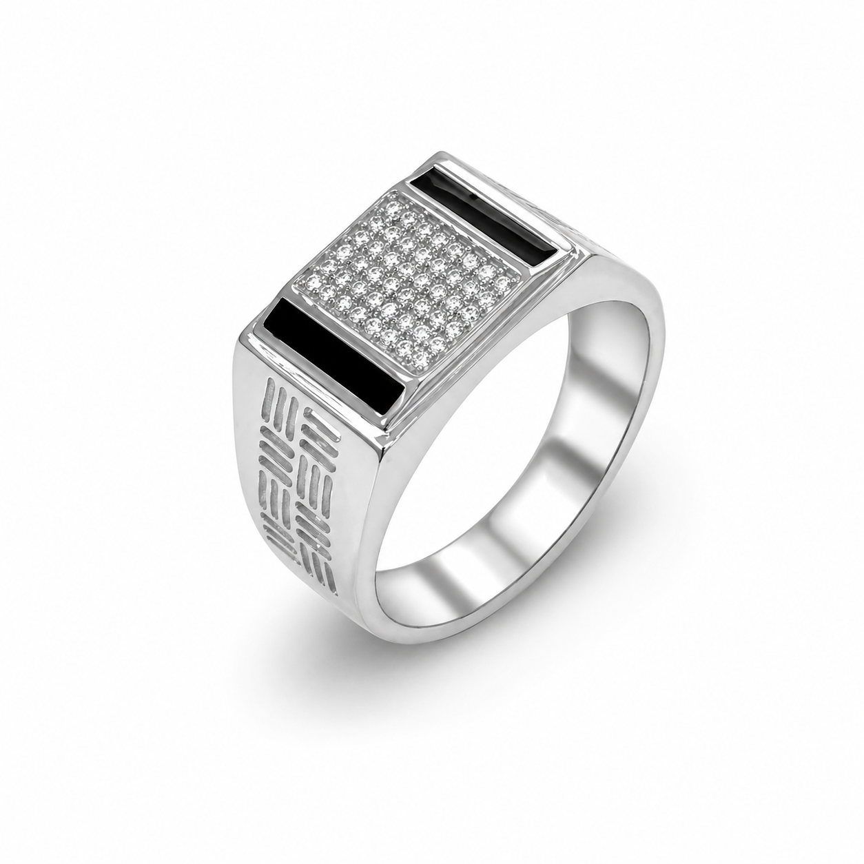 Rectangular CZ Top with Black Enamel & Patterned Band 925 Sterling Silver Men's Ring