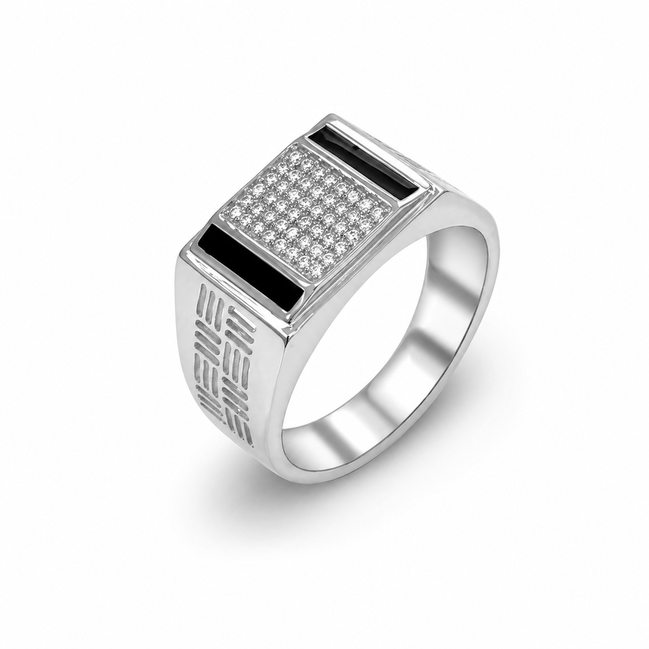 Rectangular CZ Top with Black Enamel & Patterned Band 925 Sterling Silver Men's Ring