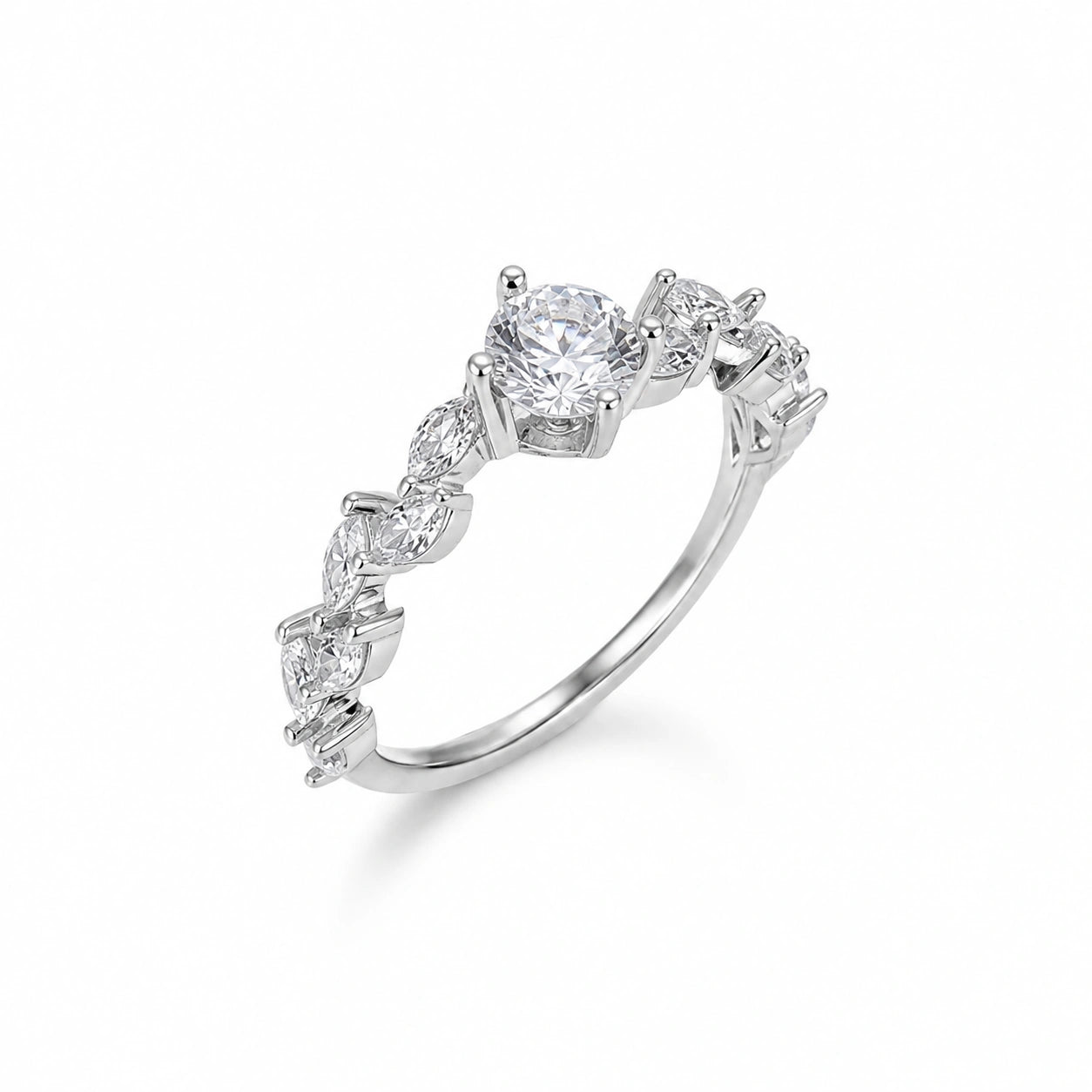 Round solitaire CZ silver ring for women with floral marquise stone design