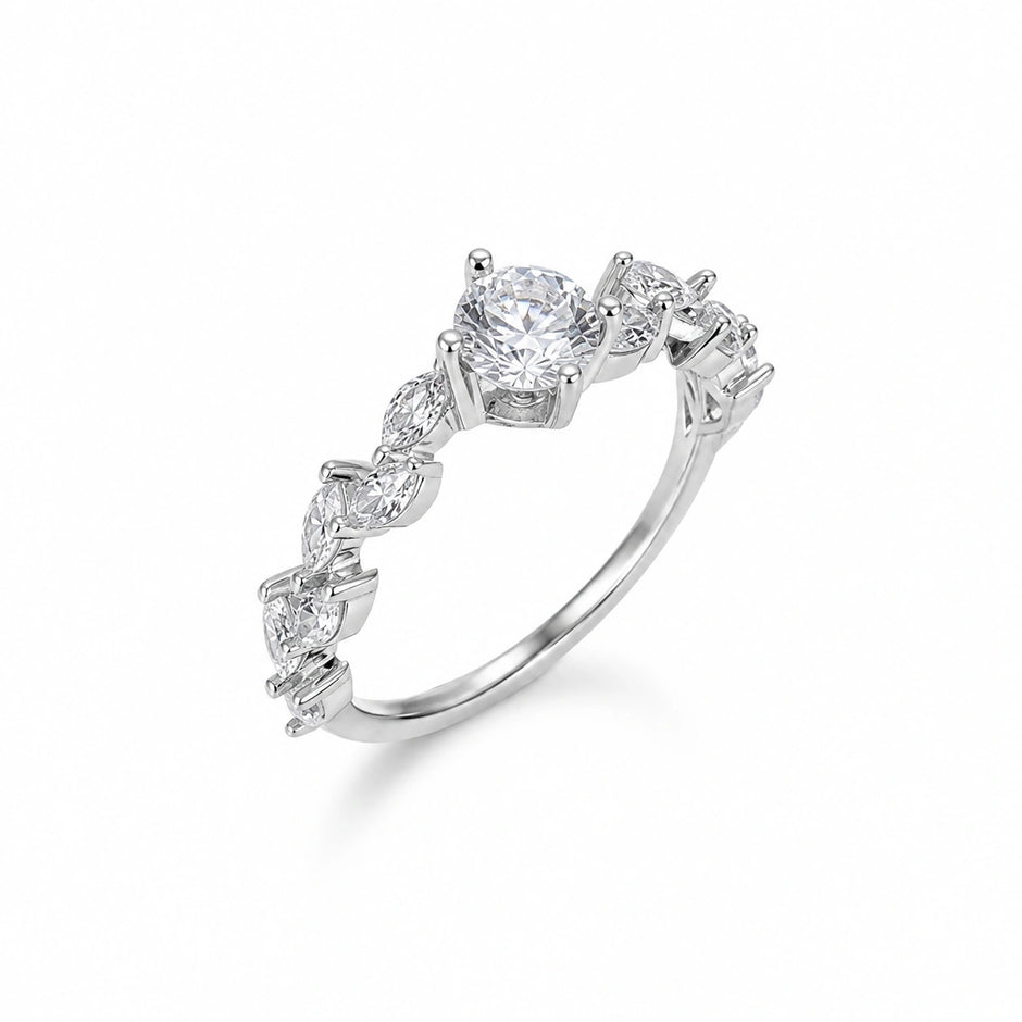 Round solitaire CZ silver ring for women with floral marquise stone design