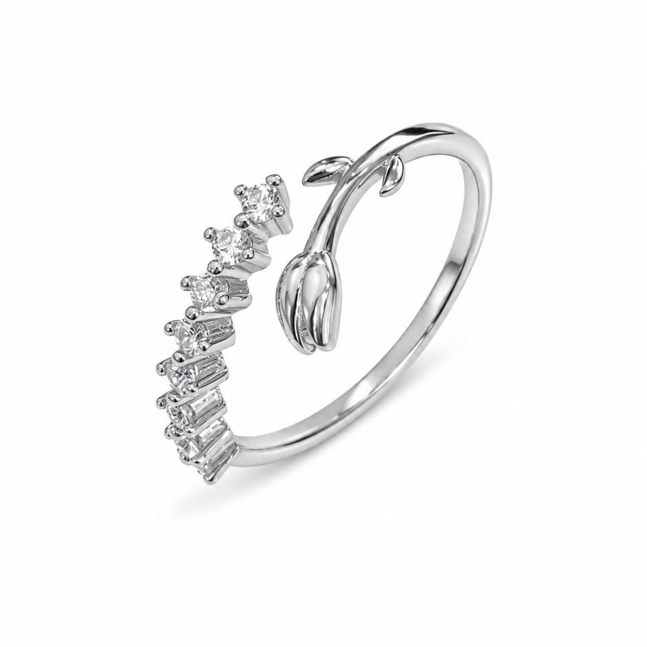 Tulip Floral CZ 925 Sterling Silver Open Ring for Women