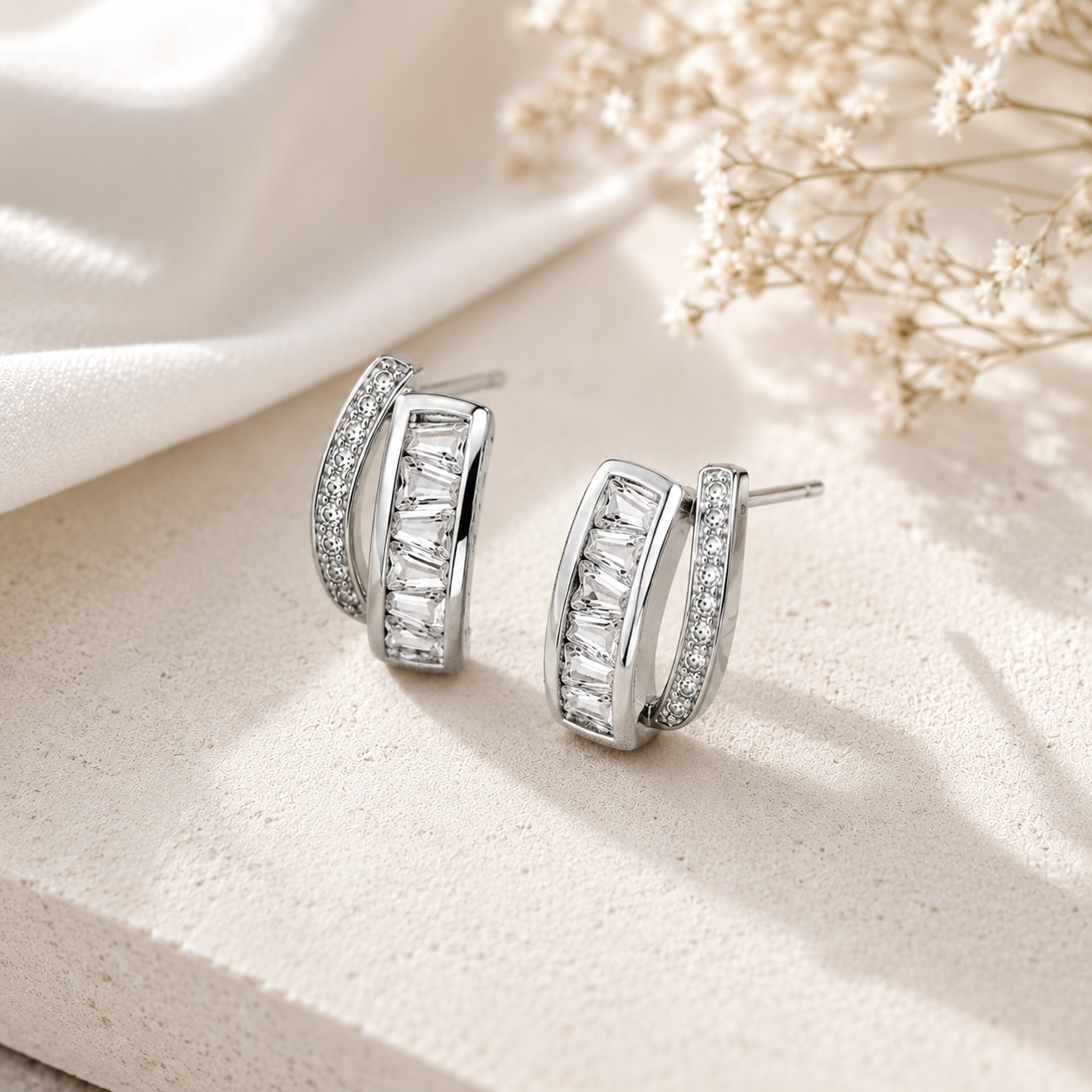 Baguette CZ Diamond Curve Hoop 925 Sterling Silver Earrings for Women