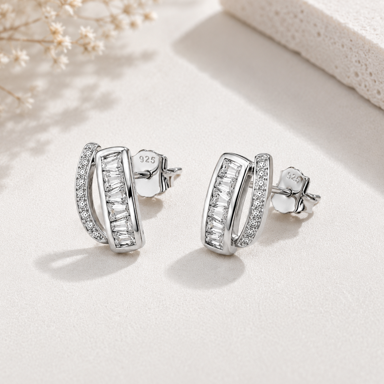 Baguette CZ Diamond Curve Hoop 925 Sterling Silver Earrings for Women