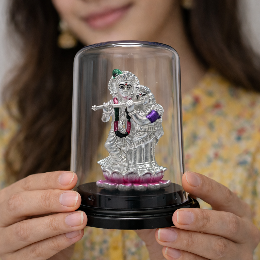 Radha Krishna devotional murti elegant glass dome home decor