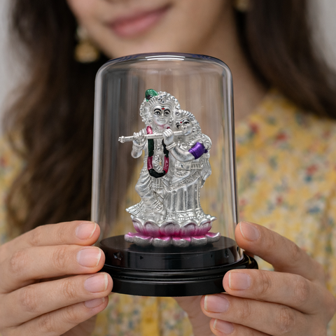 Radha Krishna devotional murti elegant glass dome home decor