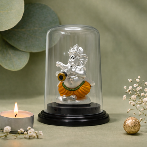 Musical Lord Ganesha Silver Murti with Glass Dome Display