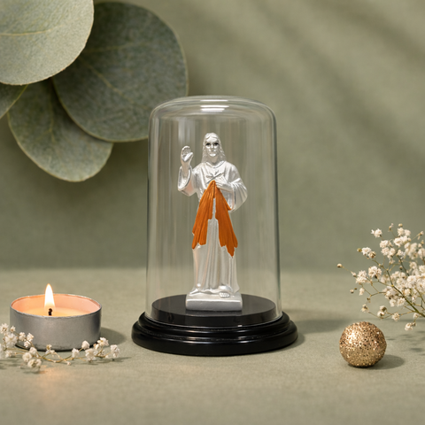 Divine Jesus Christ Silver Murti with Glass Dome