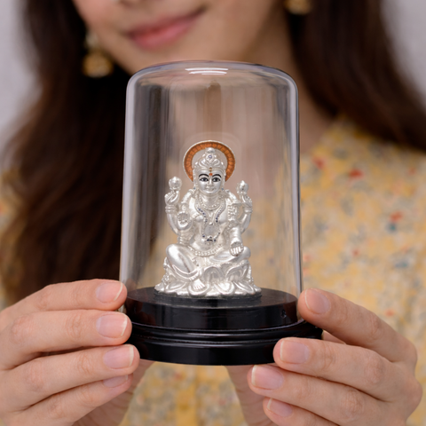 Divine Goddess Lakshmi Silver Murti with Glass Dome