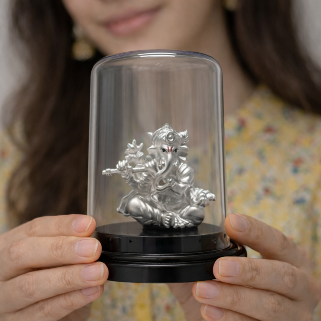 Divine Lord Ganesha Silver Murti with Glass Dome Display