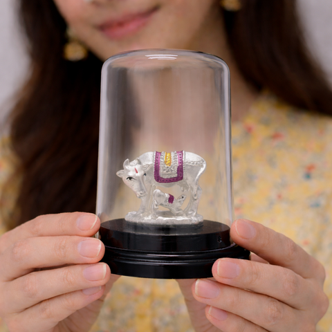 Sacred Kamdhenu Cow and Calf Silver Murti with Decorative Cover