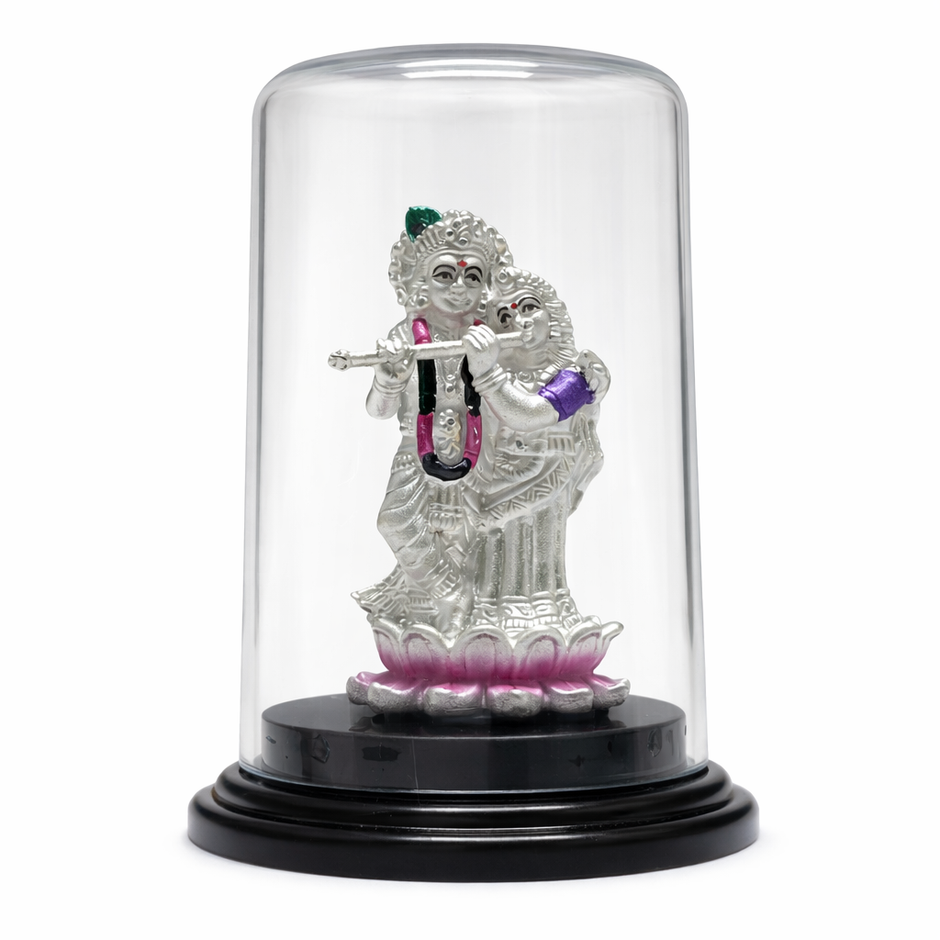 Radha Krishna devotional murti elegant glass dome home decor