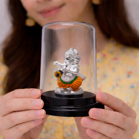 Musical Lord Ganesha Silver Murti with Glass Dome Display