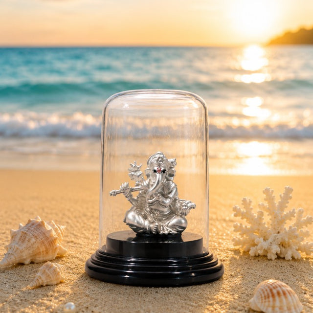 Divine Lord Ganesha Silver Murti with Glass Dome Display
