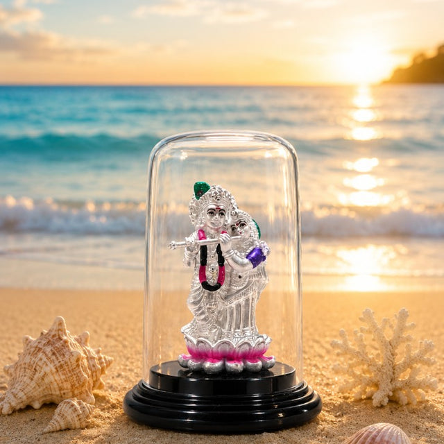 Radha Krishna devotional murti elegant glass dome home decor