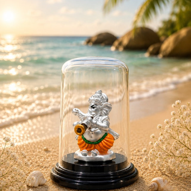 Musical Lord Ganesha Silver Murti with Glass Dome Display
