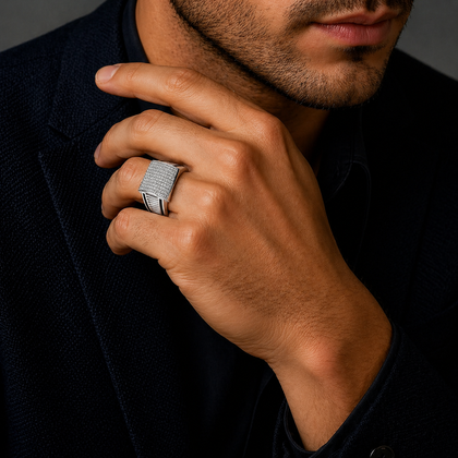 Full Stone Square Top 925 Sterling Silver Men's Statement Ring with Linear Accents