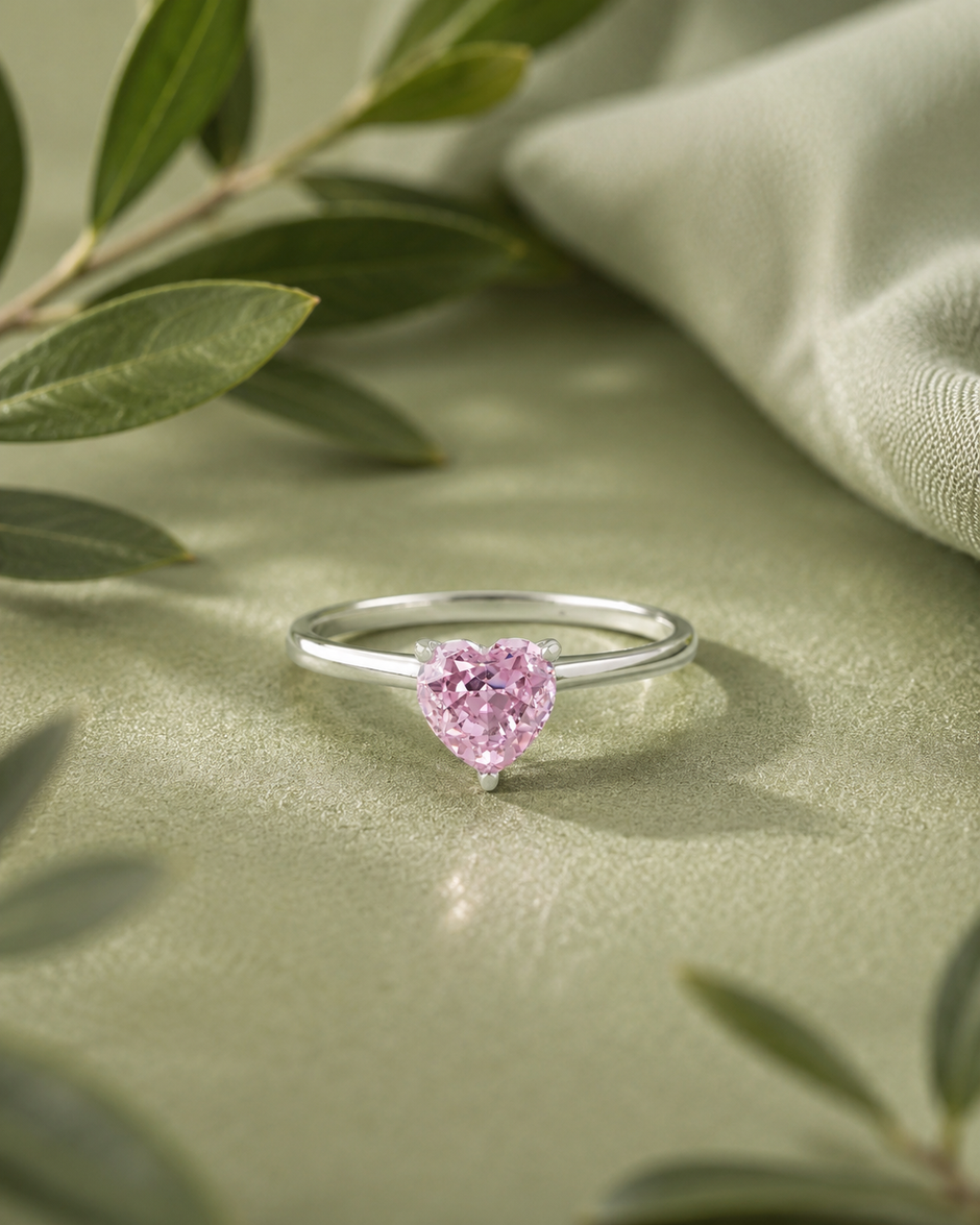 Pink Heart Stone Solitaire Ring