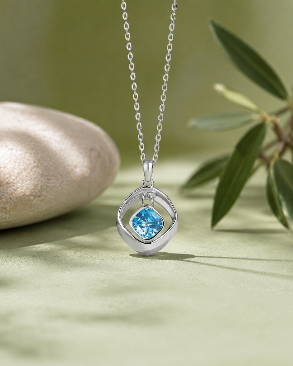 Azure Spark Diamond Square Design 925 Sterling Silver Pendant Chain for Women