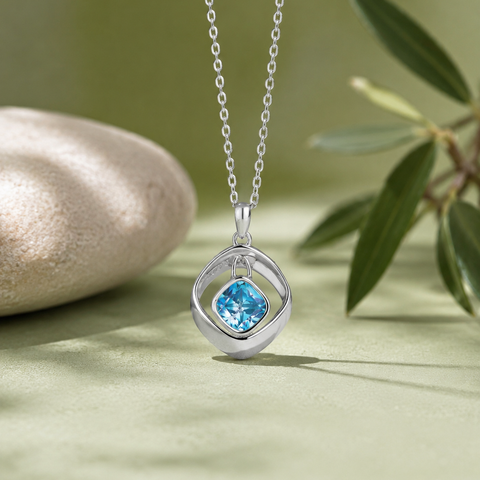 Azure Spark Diamond Square Design 925 Sterling Silver Pendant Chain for Women