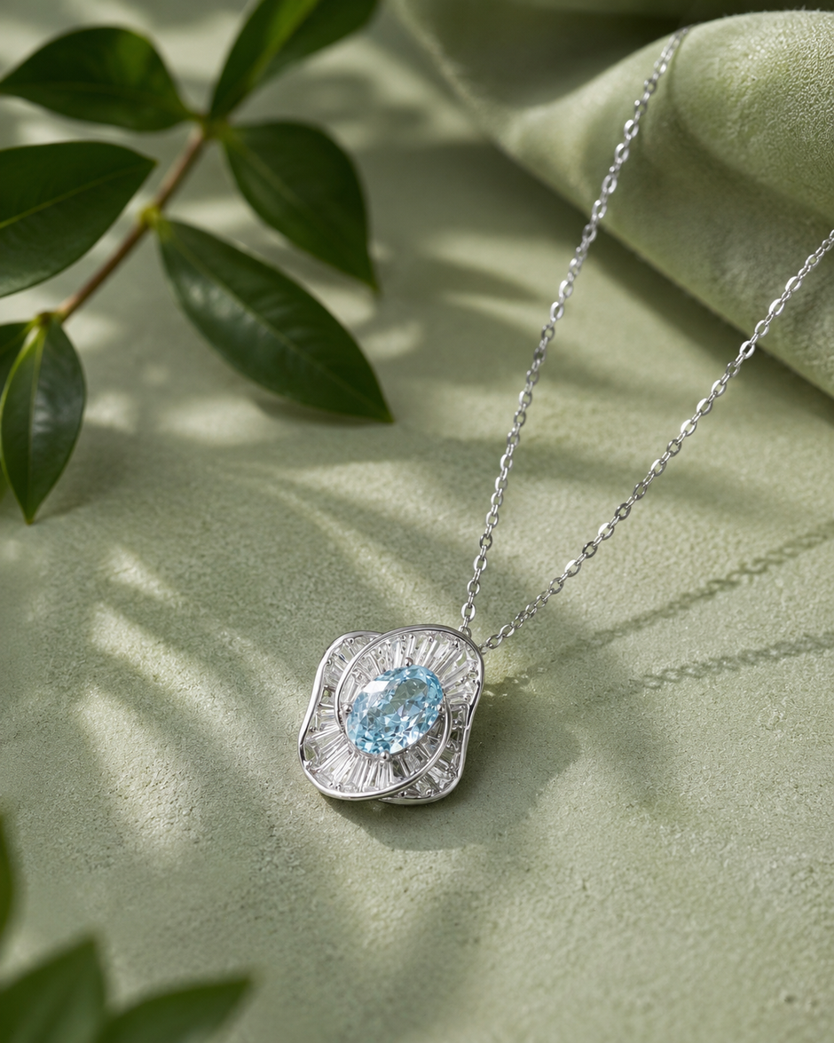 Azure Bloom Blue Diamond Floral Design 925 Sterling Silver Pendant Chain for Women