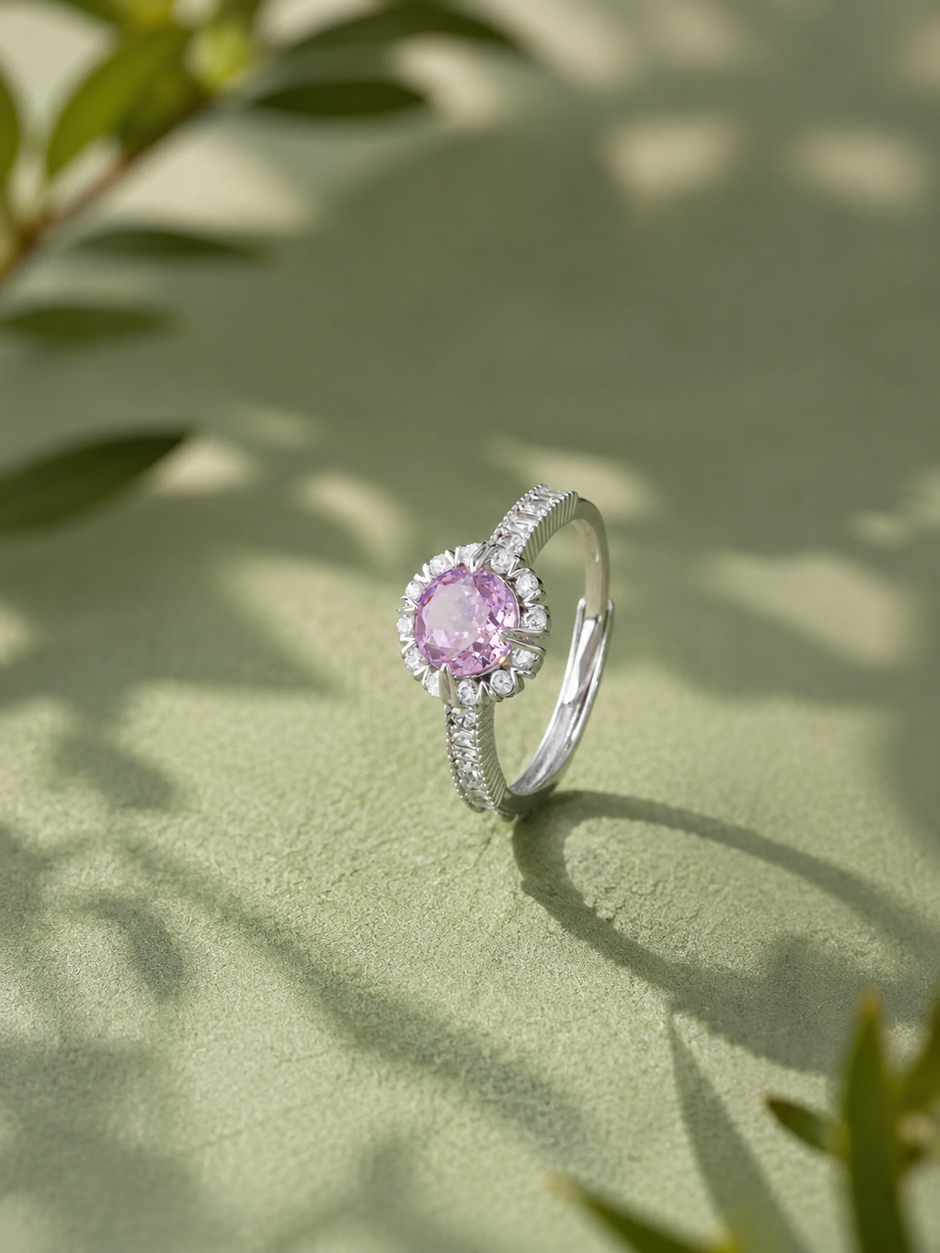 Pink Sparkle Stone Diamond Silver Ring