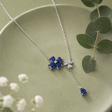 Blue Flower Drop Diamond 925 Sterling Silver Pendant Chain for Women