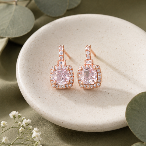 Pink Stone Square Design Earrings